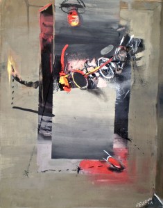 Self portrait contemporary fusion of symbolic visual elements of the artist's gaze and portrait form distorted by movement in the act of painting titled Triple Vision, 2011 from the Eye and Site 3 series