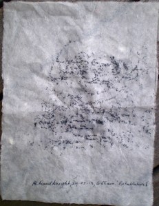 Frottage 1 on rice paper taken from rock surface reminiscent of an entablature.