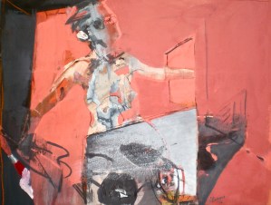 Figurative contemporary image of head, body, mirror, widow and palette of the artist in a gouache painting titled Mirror and Window by Elaine d'Esterre from a series titled Eye and Site 3