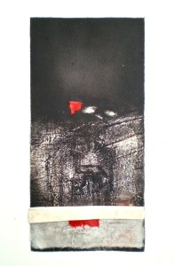 Landscape contemporary etching titled ........and then the Ocean Rusted 2, 2013, about a process of ancient rock formation influenced by a trip to the Pilbara.