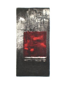 Landscape contemporary etching titled ........and then the Ocean Rusted , artist's proof, 2013, about a process of ancient rock formation influenced by a trip to the Pilbara.