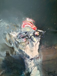 Expressionist portrait oil painting titled Dust Borne, 2013, oil on gessoed paper. From series titled Poet's Process.