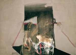 Art titled Contemplating the Golden Spike 1, 2013, 55x75 cm, gouache, charcoal and pastel from Begin with Sand, Silt and Water