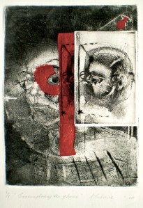 Etching titled Contemplating the Glance, 1/1, 2010, 25x18 cm print, 50x35 cm paper, intaglio, collage and chine-colle