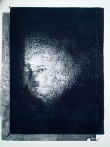 Etching titled Slipping Away, 1/1, 2009, wash, intaglio and drypoint from series titled Natalie with the Gaze and the Glance