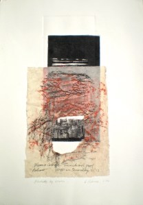 Artwork print titled Etching by Water, 2014, 38x19 cm print, 50x35 cm paper, intaglio, emboss, rice paper frottage with graphite and pastel on Fabriano.