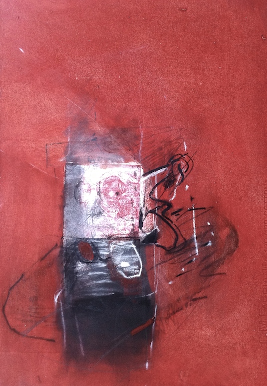 The Cellphone Fell into the Oil Paint 2, 2014, 48x34 cm, intaglio, oil, pastel and charcoal on gessoed paper 